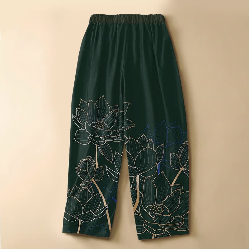 Buddha Stones Pantalones harem de algodón puro con elegante estampado de silueta de loto, botones de rana y cintura elástica para mujer con bolsillos. - image 1