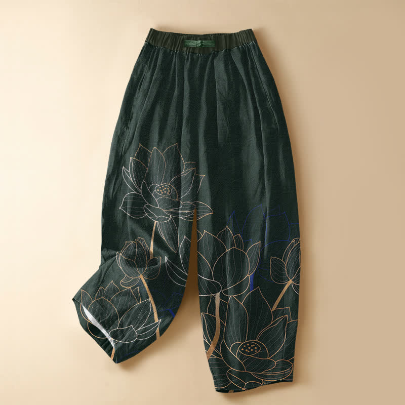 Buddha Stones Pantalones harem de algodón puro con elegante estampado de silueta de loto, botones de rana y cintura elástica para mujer con bolsillos. - Verde oscuro - US16，UK/AU20，EU48 (3XL) - image 0