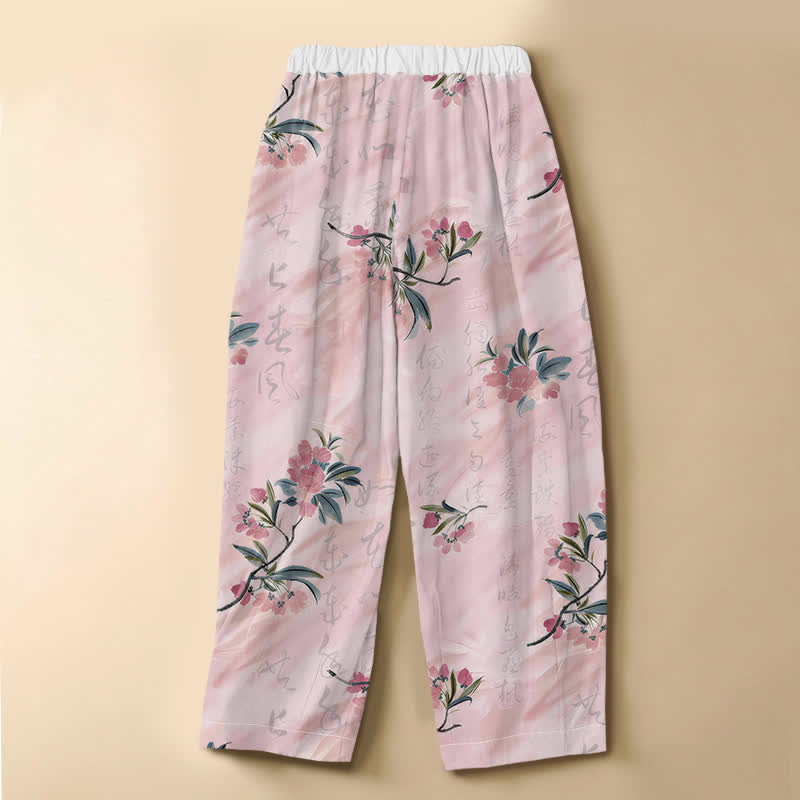 Buddha Stones Pantalones harem de algodón puro con estampado romántico de flores y hojas, botones de rana y cintura elástica para mujer con bolsillos. - image 1
