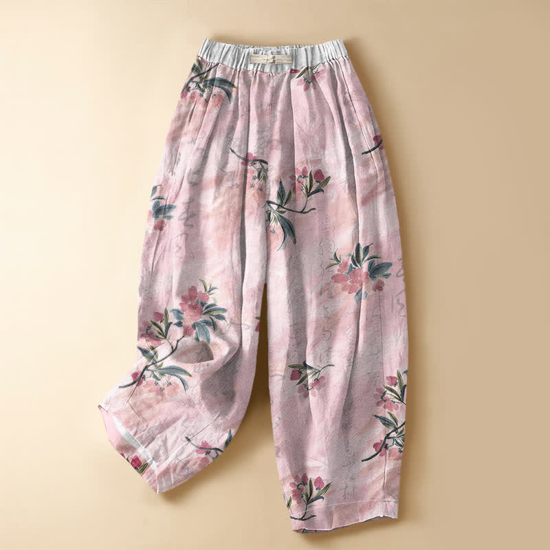 Buddha Stones Pantalones harem de algodón puro con estampado romántico de flores y hojas, botones de rana y cintura elástica para mujer con bolsillos. - Rosa - US16，UK/AU20，EU48 (3XL) - image 0