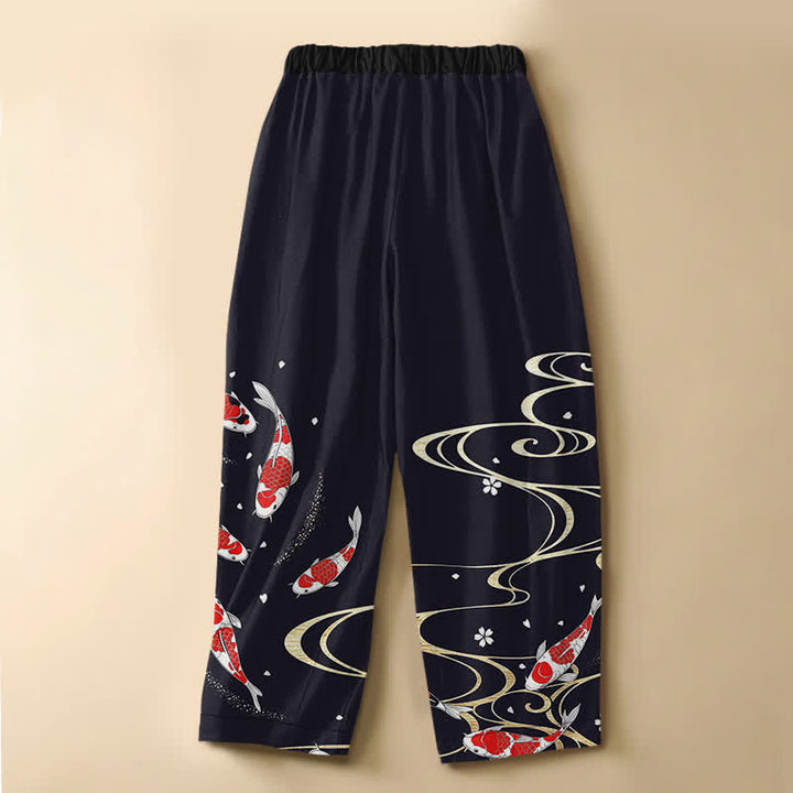 Buddha Stones Pantalones harem de algodón puro con estampado oriental de carpas koi y botones de rana para mujer, cintura elástica y bolsillos. - image 1