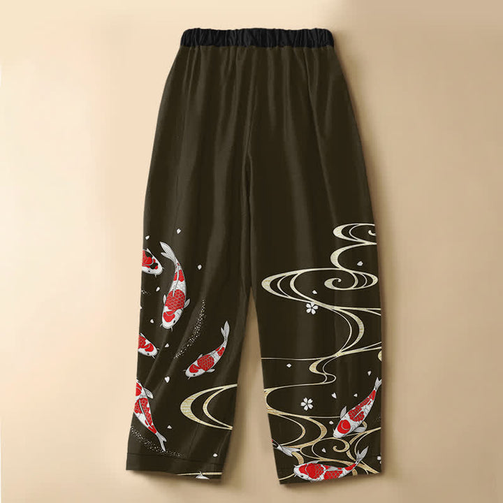 Buddha Stones Pantalones harem de algodón puro con estampado oriental de carpas koi y botones de rana para mujer, cintura elástica y bolsillos. - image 6