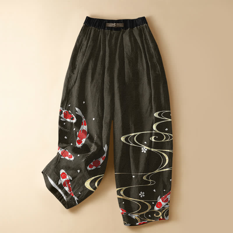 Buddha Stones Pantalones harem de algodón puro con estampado oriental de carpas koi y botones de rana para mujer, cintura elástica y bolsillos. - Verde oliva oscuro - US16，UK/AU20，EU48 (3XL) - image 5