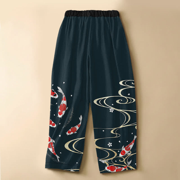 Buddha Stones Pantalones harem de algodón puro con estampado oriental de carpas koi y botones de rana para mujer, cintura elástica y bolsillos. - image 8