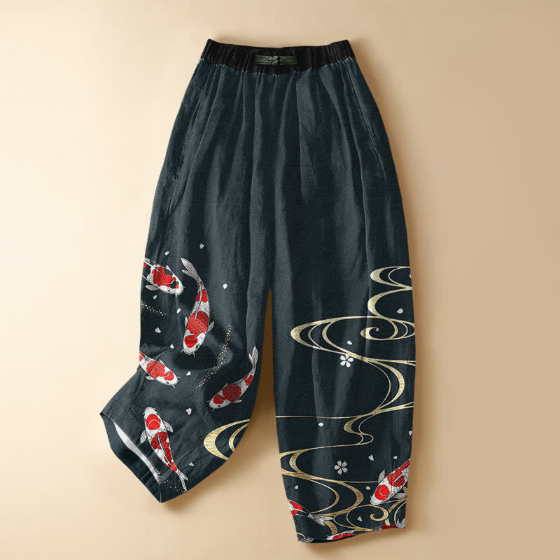 Buddha Stones Pantalones harem de algodón puro con estampado oriental de carpas koi y botones de rana para mujer, cintura elástica y bolsillos. - cian oscuro - US16，UK/AU20，EU48 (3XL) - image 7