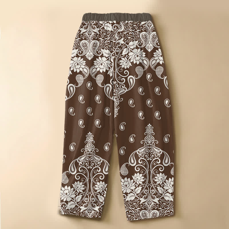 Buddha Stones Pantalones harem de mujer con cintura elástica y bolsillos, de algodón puro, con borde vintage, estampado paisley y botones de rana. - image 1