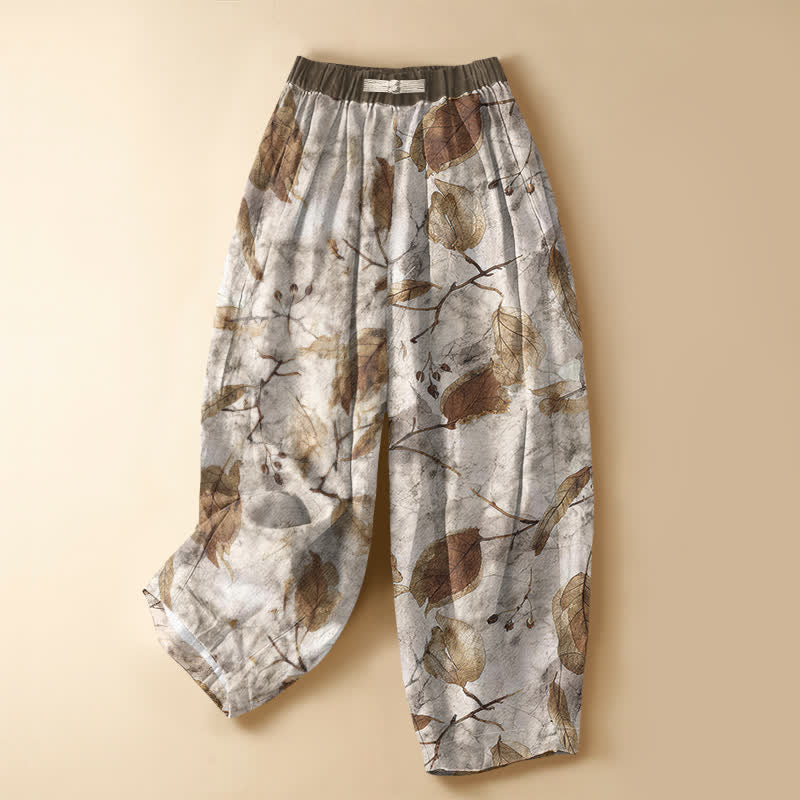 Buddha Stones Pantalones harem de algodón puro con estampado botánico de hojas de otoño, botones de rana y cintura elástica para mujer con bolsillos. - Lino - US16，UK/AU20，EU48 (3XL) - image 0