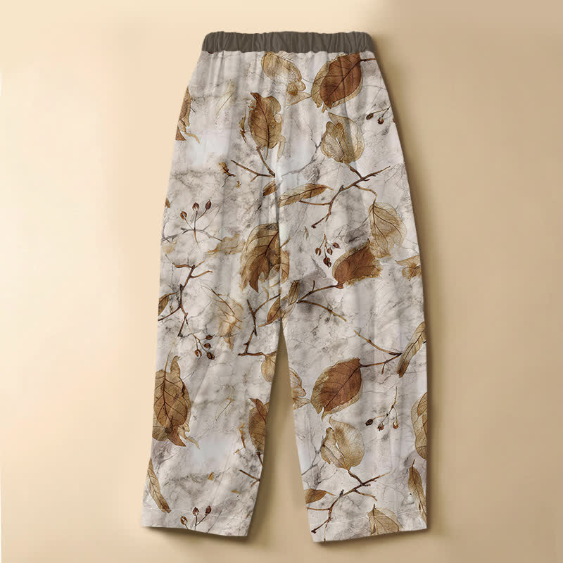 Buddha Stones Pantalones harem de algodón puro con estampado botánico de hojas de otoño, botones de rana y cintura elástica para mujer con bolsillos. - image 1