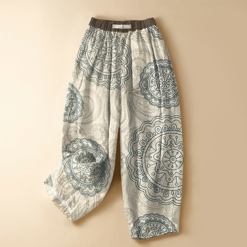 Buddha Stones Pantalones harem de algodón puro con estampado de mandala estilo boho, botones de rana y cintura elástica para mujer con bolsillos. - Beige - US16，UK/AU20，EU48 (3XL) - image 0