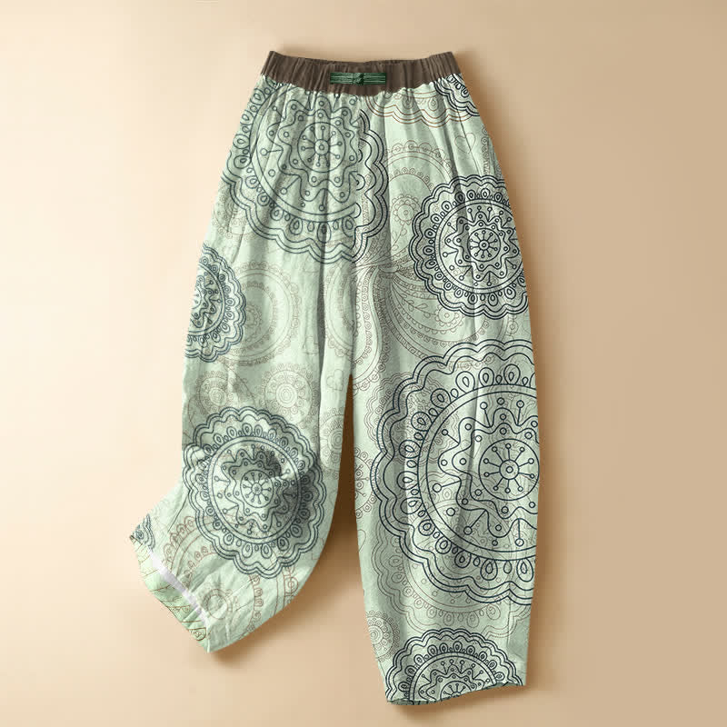 Buddha Stones Pantalones harem de algodón puro con estampado de mandala estilo boho, botones de rana y cintura elástica para mujer con bolsillos. - Verde pálido - US16，UK/AU20，EU48 (3XL) - image 7