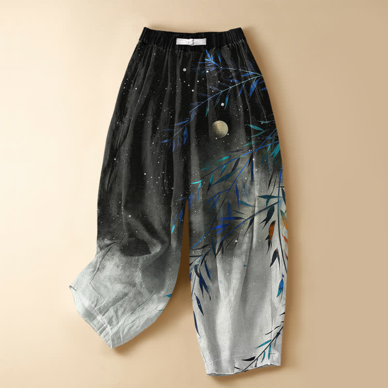 Buddha Stones Pantalones harem de algodón puro con estampado de bambú y luna estrellada, botones de rana y cintura elástica para mujer, con bolsillos. - Negro - US16，UK/AU20，EU48 (3XL) - image 0