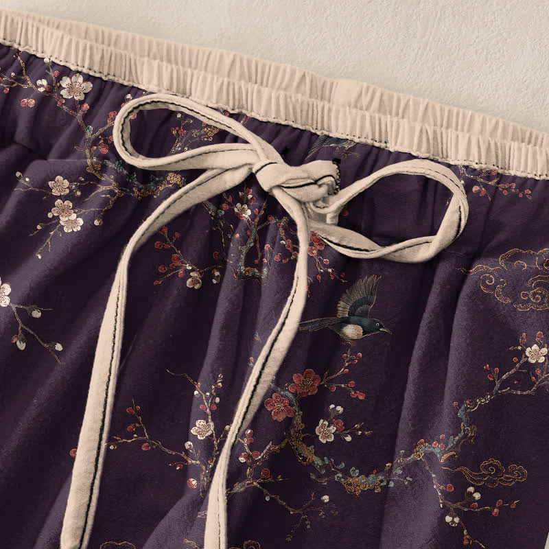 Buddha Stones Pantalones de mujer de algodón puro con elegante estampado de flores y pájaros, cintura elástica y bolsillos. - image 1
