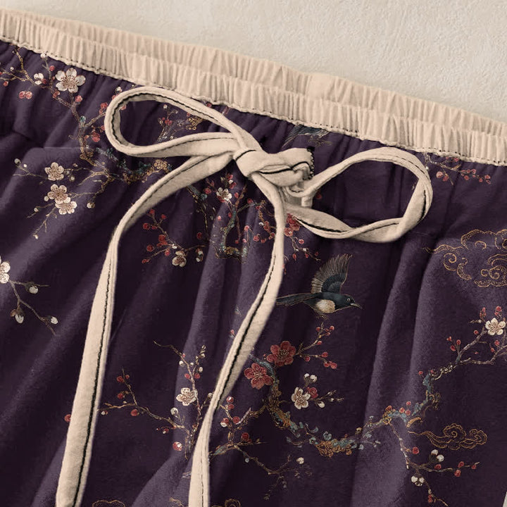 Buddha Stones Pantalones de mujer de algodón puro con elegante estampado de flores y pájaros, cintura elástica y bolsillos. - image 1