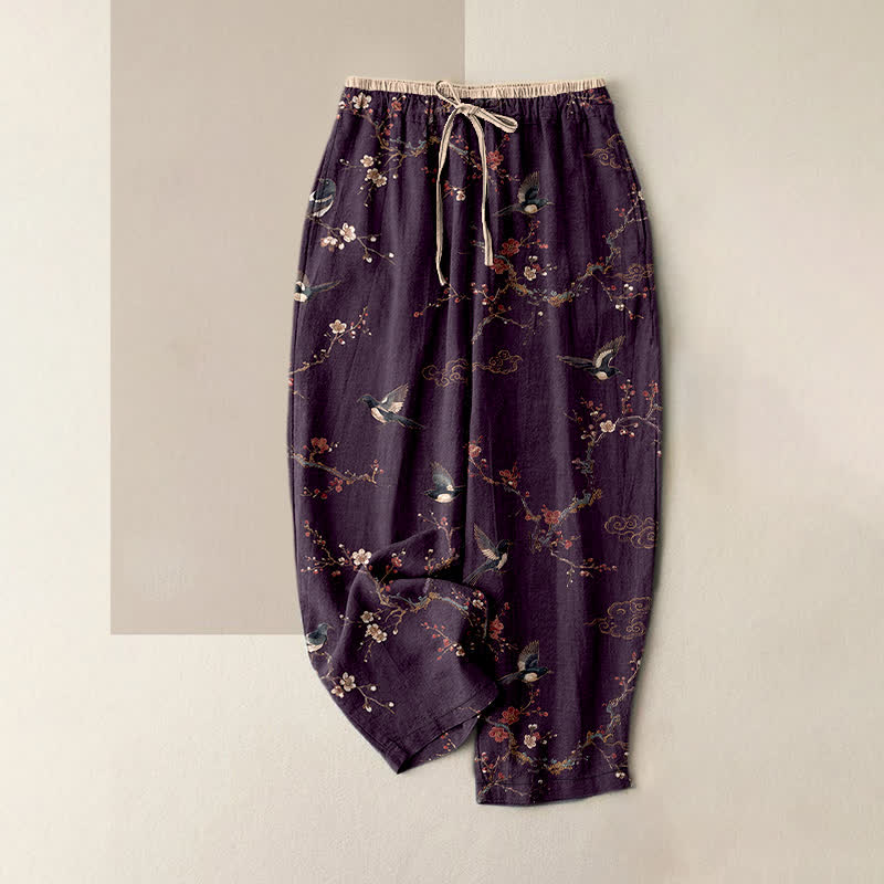 Buddha Stones Pantalones de mujer de algodón puro con elegante estampado de flores y pájaros, cintura elástica y bolsillos. - Púrpura - US16，UK/AU20，EU48 (3XL) - image 0