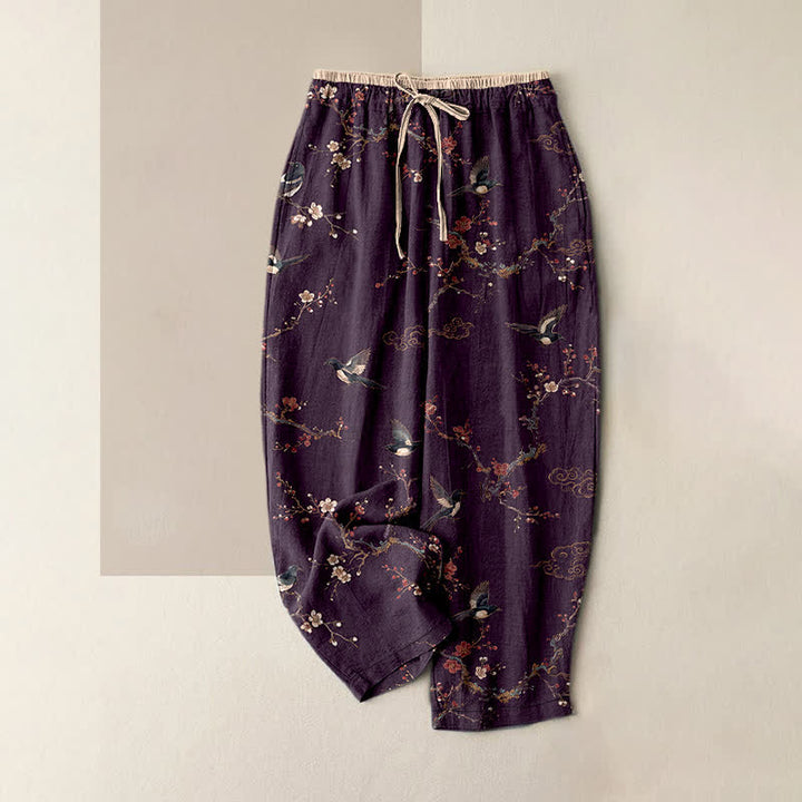 Buddha Stones Pantalones de mujer de algodón puro con elegante estampado de flores y pájaros, cintura elástica y bolsillos. - Púrpura - US16，UK/AU20，EU48 (3XL) - image 0
