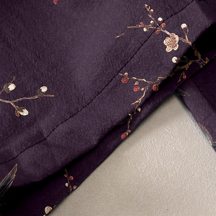 Buddha Stones Pantalones de mujer de algodón puro con elegante estampado de flores y pájaros, cintura elástica y bolsillos. - image 2