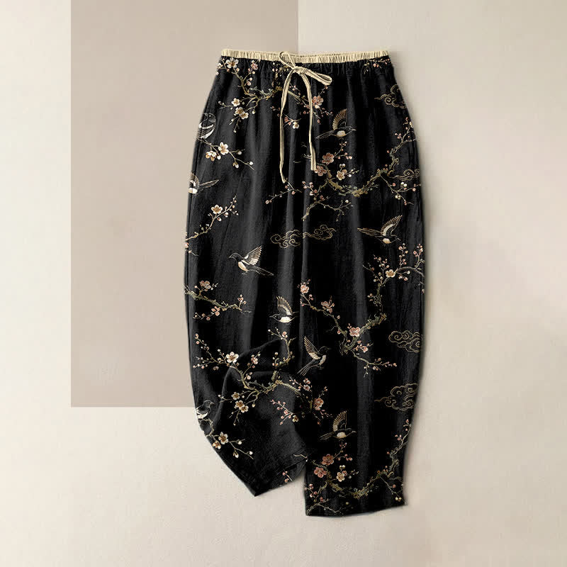 Buddha Stones Pantalones de mujer de algodón puro con elegante estampado de flores y pájaros, cintura elástica y bolsillos. - Negro - US16，UK/AU20，EU48 (3XL) - image 4