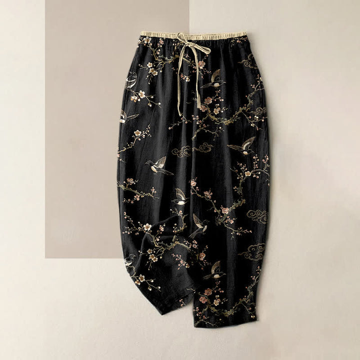 Buddha Stones Pantalones de mujer de algodón puro con elegante estampado de flores y pájaros, cintura elástica y bolsillos. - Negro - US16，UK/AU20，EU48 (3XL) - image 4