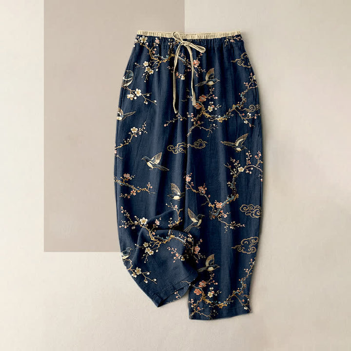 Buddha Stones Pantalones de mujer de algodón puro con elegante estampado de flores y pájaros, cintura elástica y bolsillos. - Marina de guerra - US16，UK/AU20，EU48 (3XL) - image 5