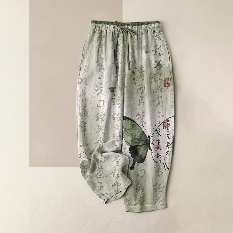 Buddha Stones Pantalones de mujer de algodón puro con estampado artístico de mariposas, cintura elástica y bolsillos. - Crema de menta - US16，UK/AU20，EU48 (3XL) - image 0