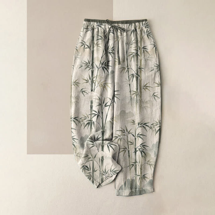 Buddha Stones Pantalones de mujer de algodón puro con estampado de hojas de bambú estilo zen, cintura elástica y bolsillos. - Lino - US16，UK/AU20，EU48 (3XL) - image 0
