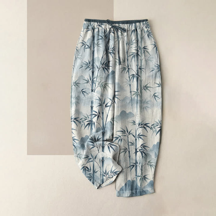 Buddha Stones Pantalones de mujer de algodón puro con estampado de hojas de bambú estilo zen, cintura elástica y bolsillos. - Azul claro - US16，UK/AU20，EU48 (3XL) - image 3