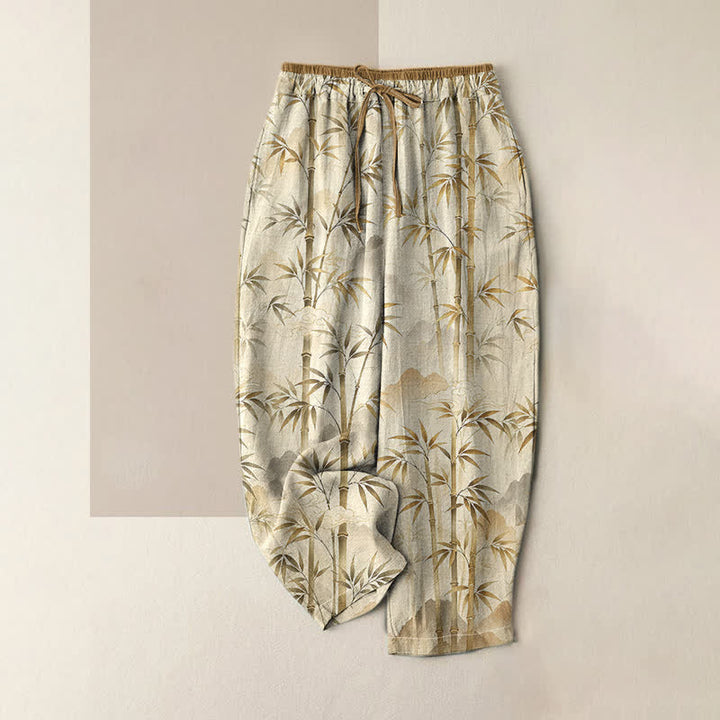 Buddha Stones Pantalones de mujer de algodón puro con estampado de hojas de bambú estilo zen, cintura elástica y bolsillos. - vara de oro pálida - US16，UK/AU20，EU48 (3XL) - image 4