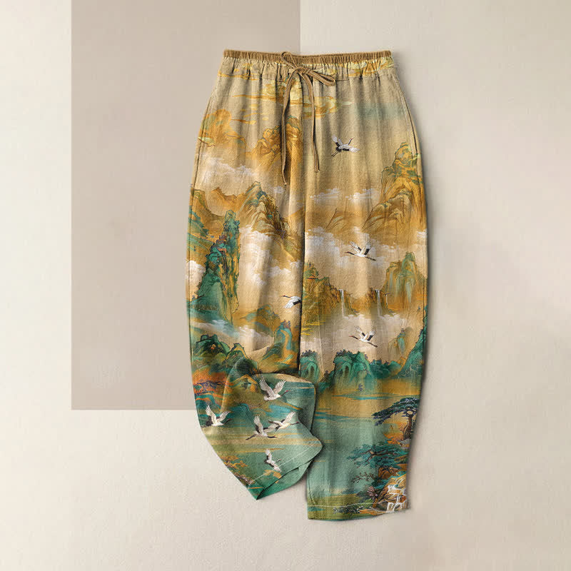 Buddha Stones Pantalones de mujer de algodón puro con estampado de grulla de las Montañas Brumosas, cintura elástica y bolsillos. - Trigo - US16，UK/AU20，EU48 (3XL) - image 0