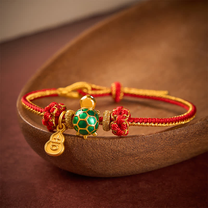 Buddha Stones Pulsera de la suerte con tortuga verde, calabaza de cobre y cordón rojo - image 1