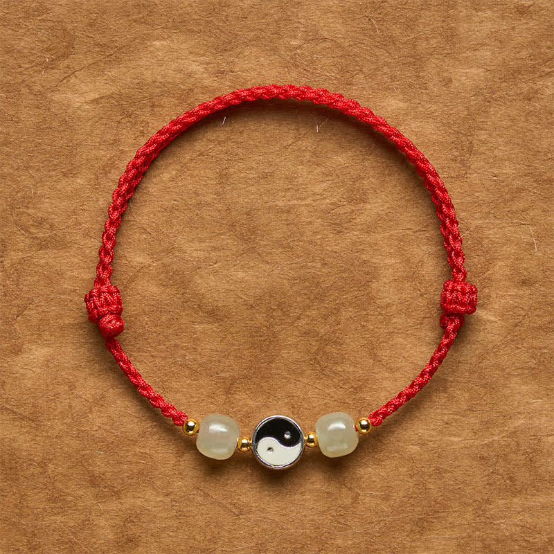 Buddha Stones Pulsera de equilibrio de aleación Yin Yang Hetian con cuentas de jade y cordón rojo - Cuerda rojo oscuro - 6,3-7,1 pulgadas (16-18 cm) - image 0