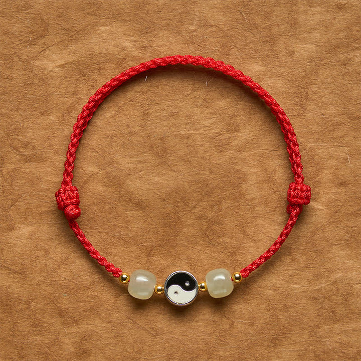 Buddha Stones Pulsera de equilibrio de aleación Yin Yang Hetian con cuentas de jade y cordón rojo - Cuerda rojo oscuro - 6,3-7,1 pulgadas (16-18 cm) - image 0