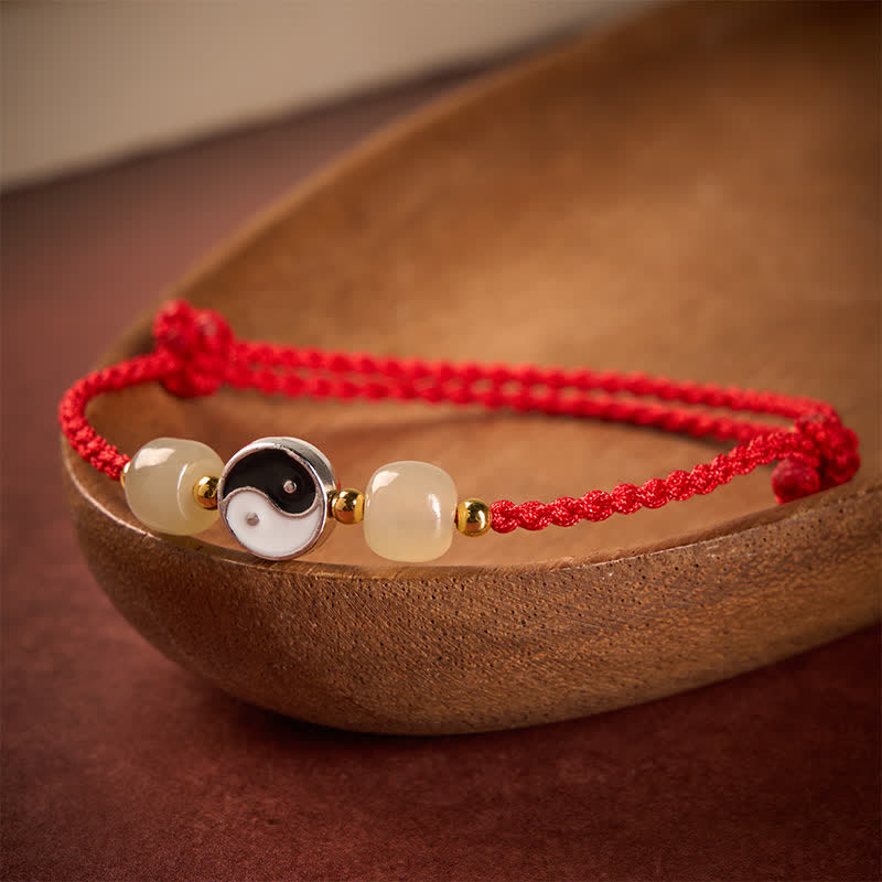 Buddha Stones Pulsera de equilibrio de aleación Yin Yang Hetian con cuentas de jade y cordón rojo - image 1