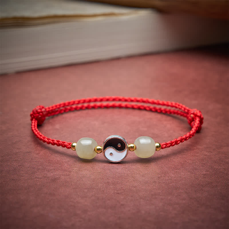 Buddha Stones Pulsera de equilibrio de aleación Yin Yang Hetian con cuentas de jade y cordón rojo - image 3