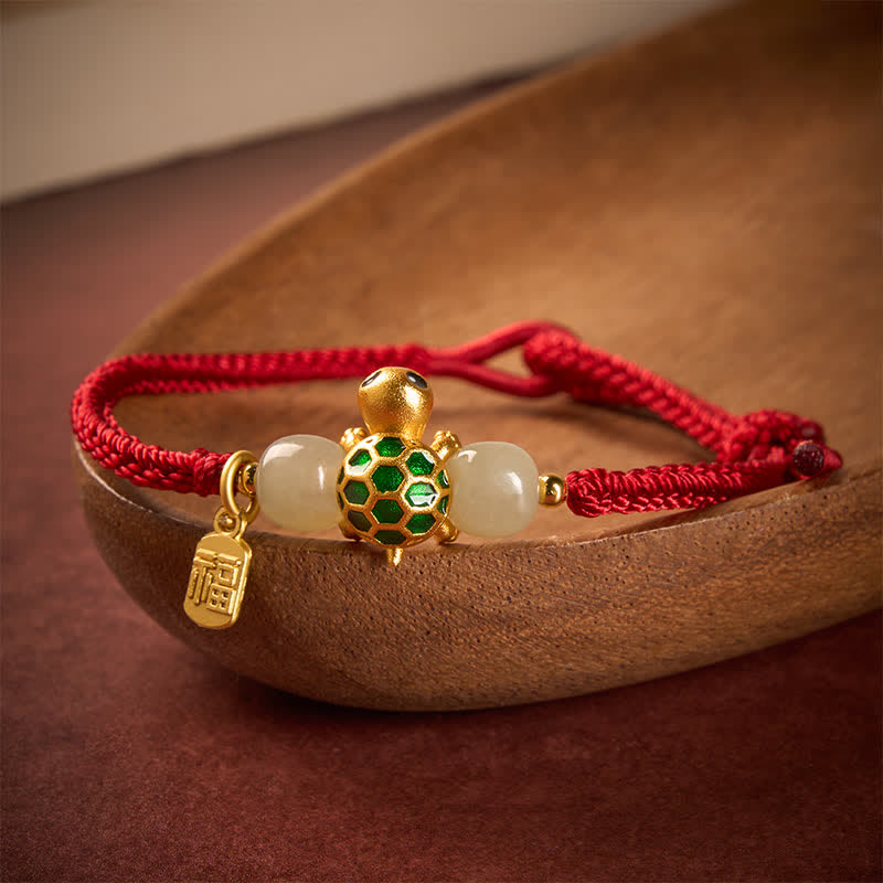 Buddha Stones Pulsera de la suerte de jade rojo Hetian con forma de tortuga de cobre y carácter Fu. - image 1