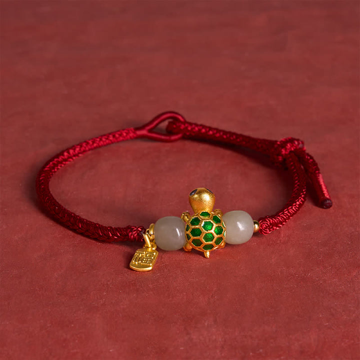 Buddha Stones Pulsera de la suerte de jade rojo Hetian con forma de tortuga de cobre y carácter Fu. - image 4