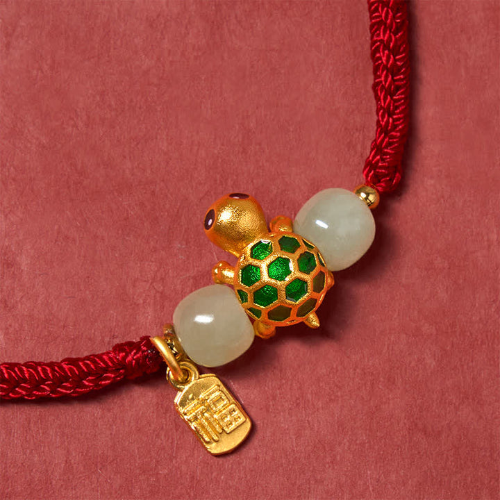 Buddha Stones Pulsera de la suerte de jade rojo Hetian con forma de tortuga de cobre y carácter Fu. - image 5