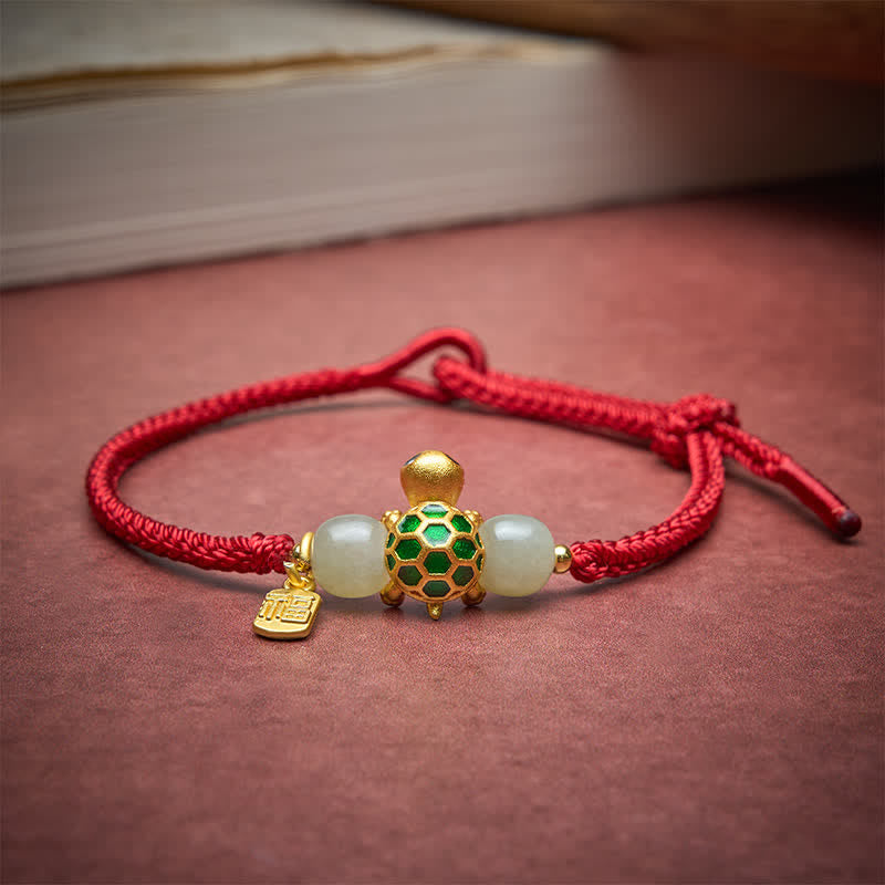Buddha Stones Pulsera de la suerte de jade rojo Hetian con forma de tortuga de cobre y carácter Fu. - image 3