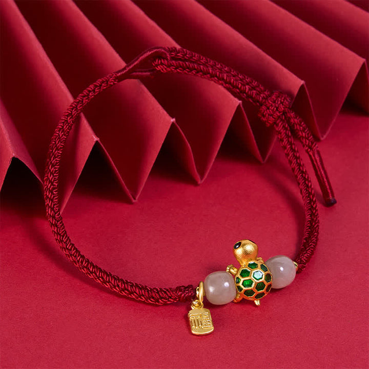 Buddha Stones Pulsera de la suerte de jade rojo Hetian con forma de tortuga de cobre y carácter Fu. - image 2