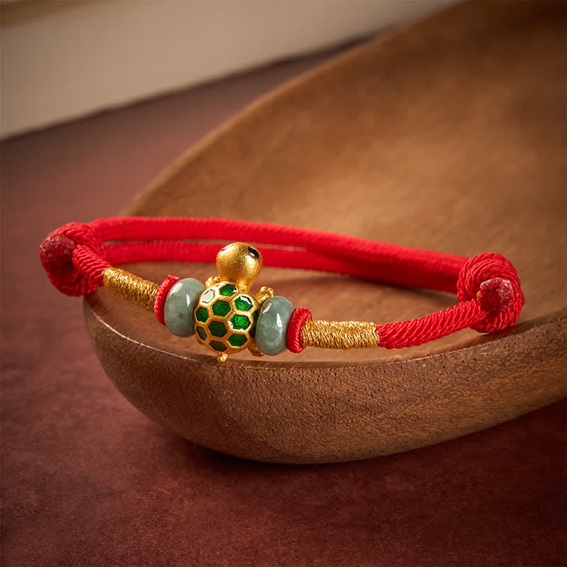 Buddha Stones Pulsera de hilo rojo con diseño de tortuga de cobre y jade, personaje Fu, para la suerte. - image 1