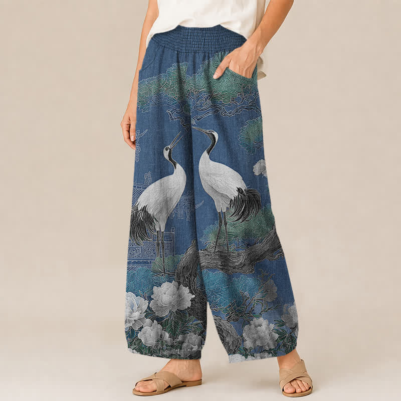 Buddha Stones Pantalones harem de algodón con estampado de grulla oriental y flores blancas, cintura elástica plisada y bolsillos para mujer. - image 1