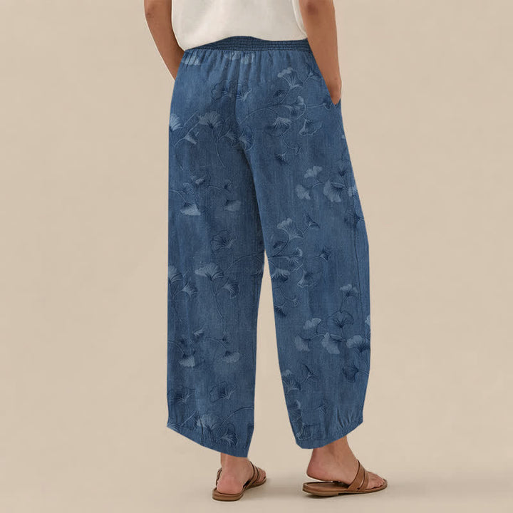 Buddha Stones Pantalones harem de algodón con estampado de hojas de ginkgo, cintura elástica plisada y bolsillos para mujer. - image 2