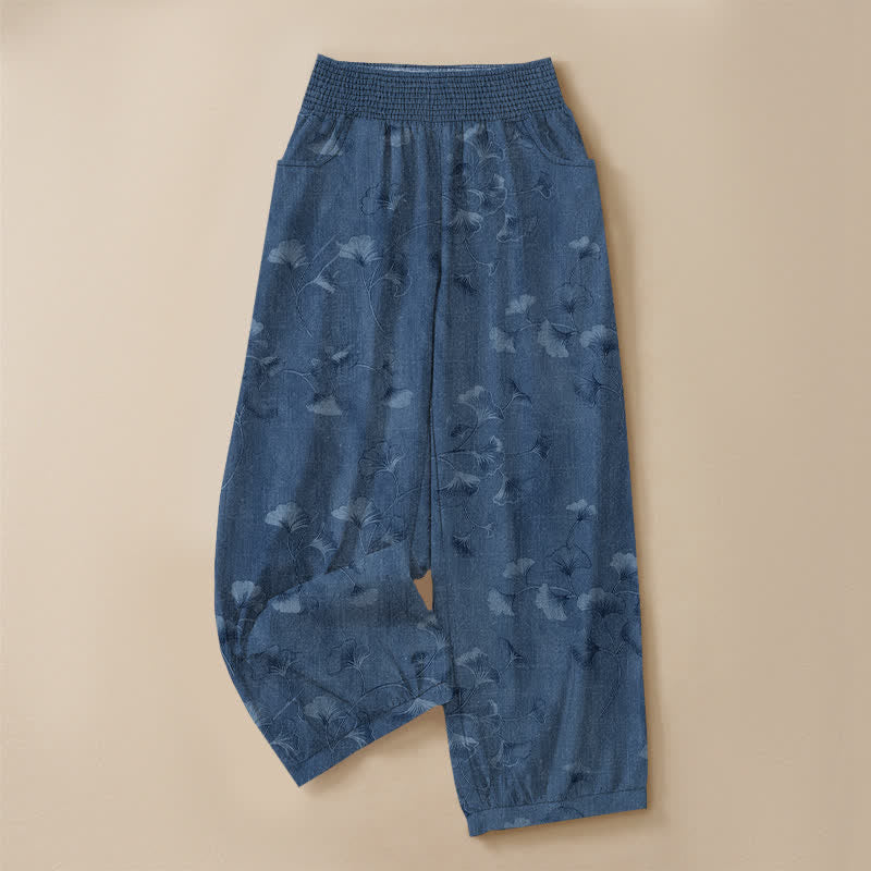 Buddha Stones Pantalones harem de algodón con estampado de hojas de ginkgo, cintura elástica plisada y bolsillos para mujer. - image 3
