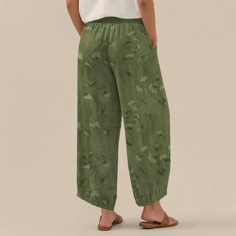 Buddha Stones Pantalones harem de algodón con estampado de hojas de ginkgo, cintura elástica plisada y bolsillos para mujer. - image 8