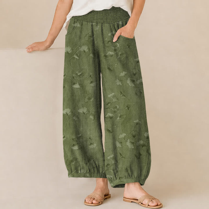 Buddha Stones Pantalones harem de algodón con estampado de hojas de ginkgo, cintura elástica plisada y bolsillos para mujer. - Verde oliva - US16，UK/AU20，EU48 (3XL) - image 6