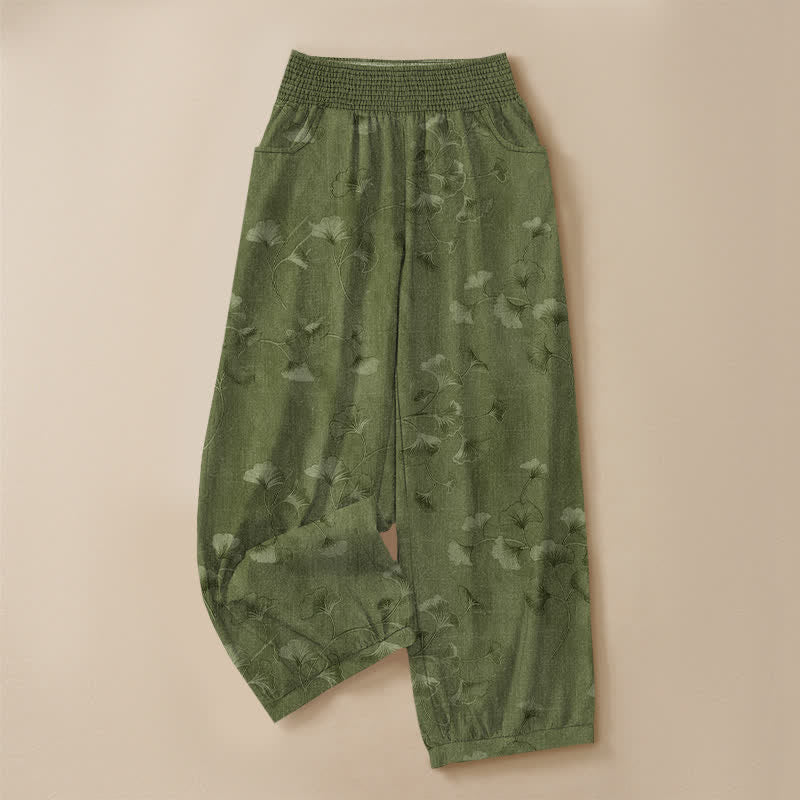 Buddha Stones Pantalones harem de algodón con estampado de hojas de ginkgo, cintura elástica plisada y bolsillos para mujer. - image 9