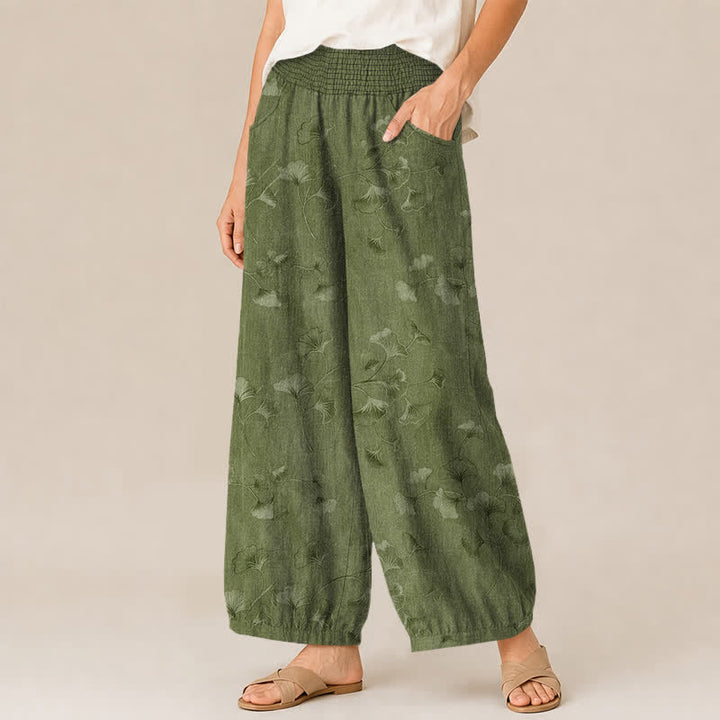 Buddha Stones Pantalones harem de algodón con estampado de hojas de ginkgo, cintura elástica plisada y bolsillos para mujer. - image 7
