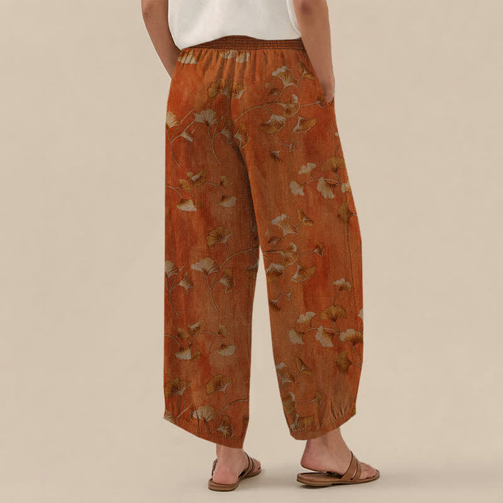 Buddha Stones Pantalones harem de algodón con estampado de hojas de ginkgo, cintura elástica plisada y bolsillos para mujer. - image 12