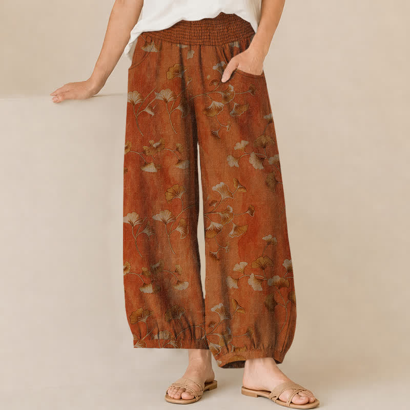 Buddha Stones Pantalones harem de algodón con estampado de hojas de ginkgo, cintura elástica plisada y bolsillos para mujer. - Tierra de siena - US16，UK/AU20，EU48 (3XL) - image 10