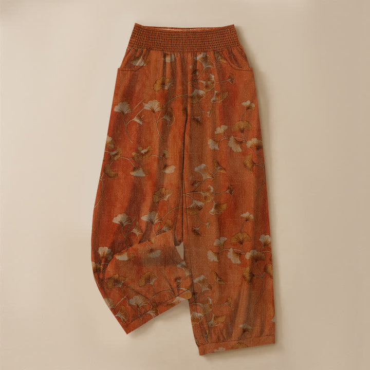 Buddha Stones Pantalones harem de algodón con estampado de hojas de ginkgo, cintura elástica plisada y bolsillos para mujer. - image 13