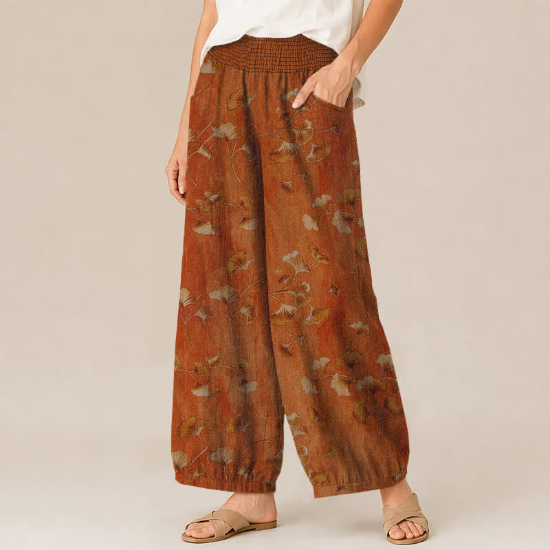 Buddha Stones Pantalones harem de algodón con estampado de hojas de ginkgo, cintura elástica plisada y bolsillos para mujer. - image 11